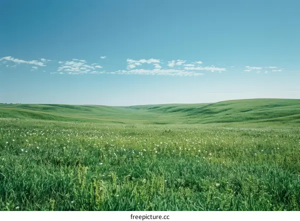 Green rolling hills under blue sky