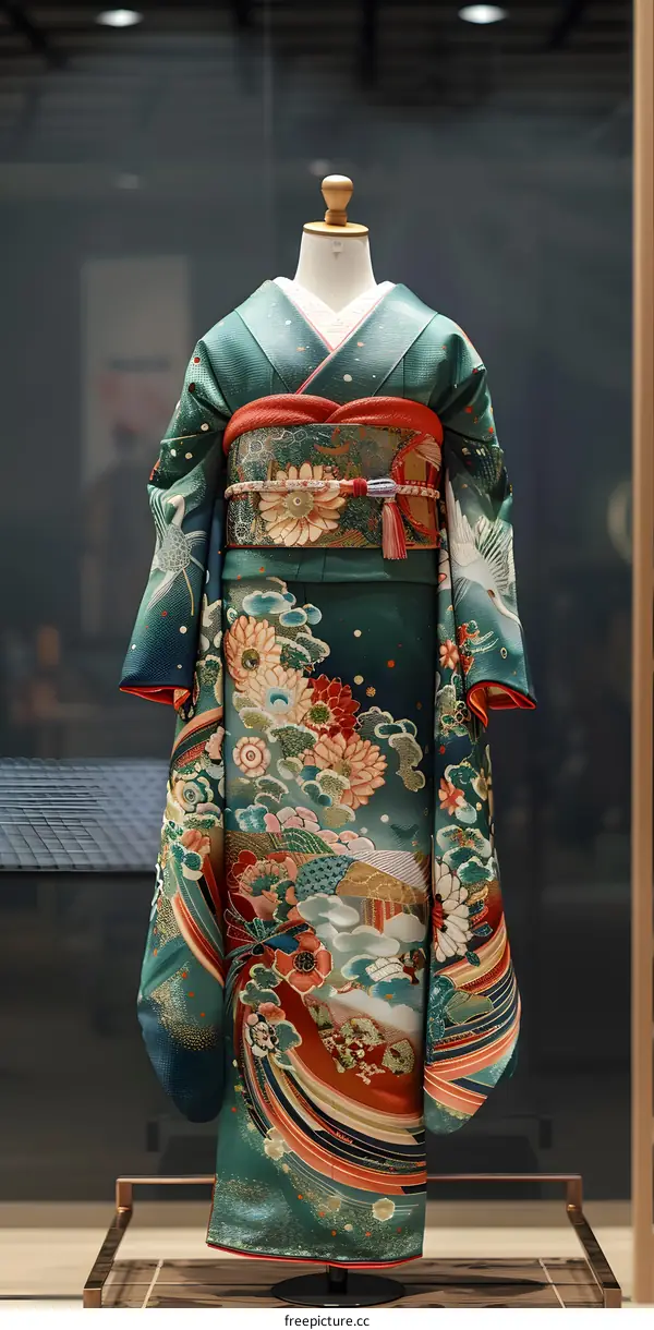 A kimono with a floral pattern and a red obi
