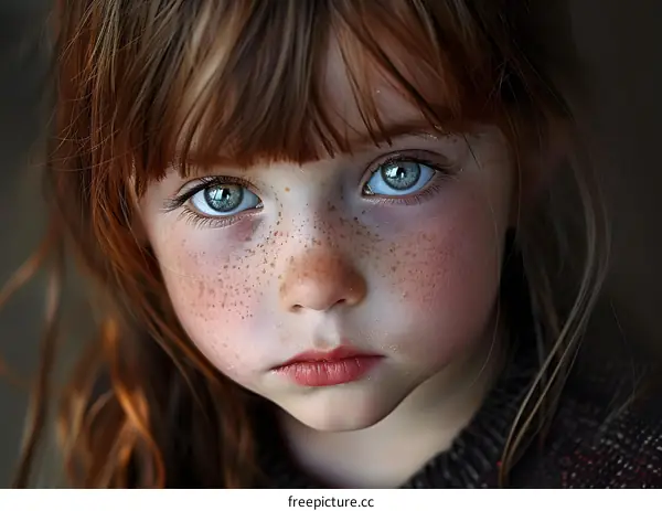 Portrait of a young girl with freckles and green eyes