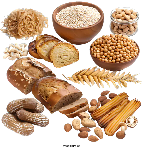 [Transparent Background PNG]Assortment of Grains, Nuts, and Bread on White Background