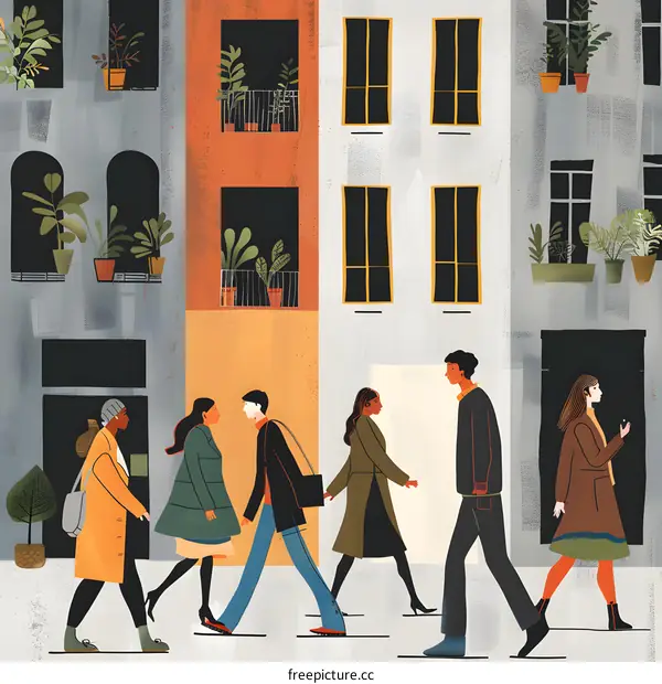 Illustrated People Walking on a Street in a City