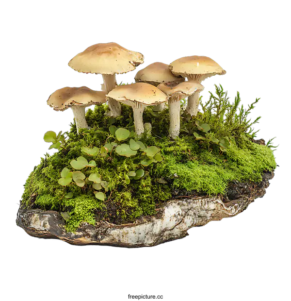 [Transparent Background PNG]Mushrooms on Mossy Rock Arrangement