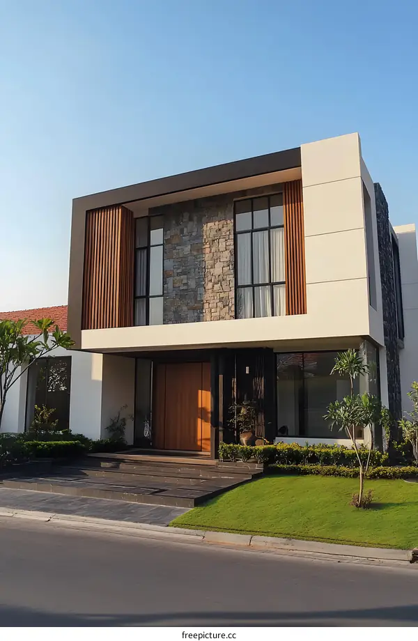 Modern Two Story House with Stone and Wood Exterior