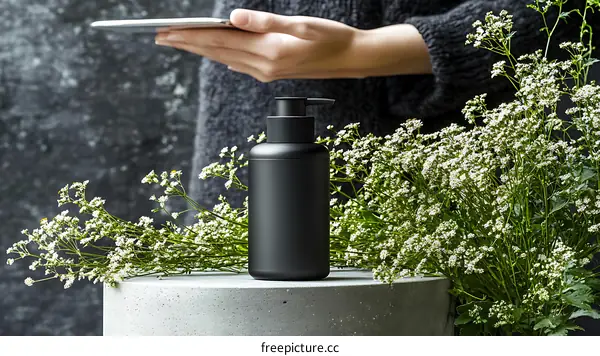 Elegant Black Cosmetic Bottle Displayed with Flowers