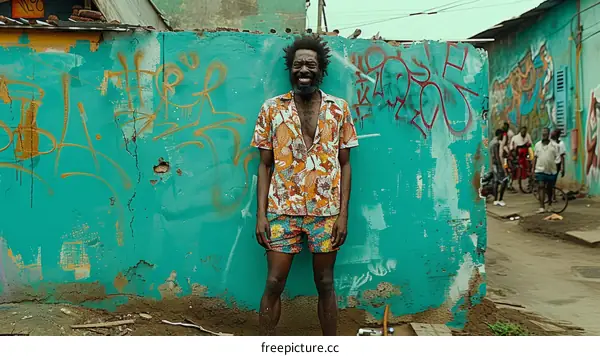 A smiling man stands in front of a blue wall