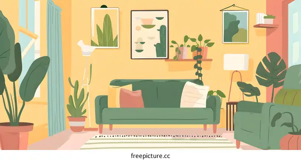 Green Sofa Living Room with Plants
