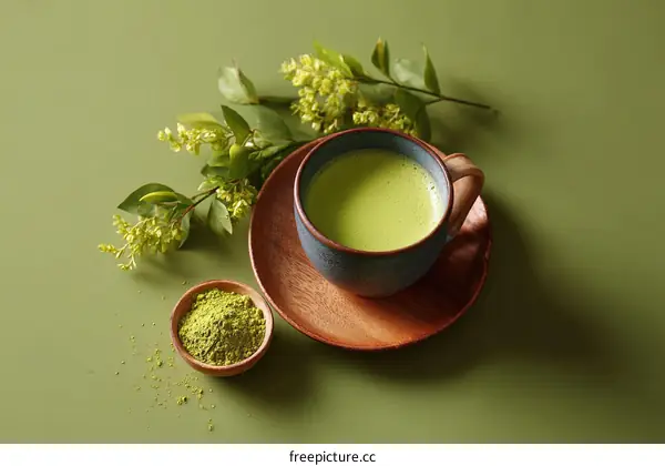 Matcha Latte Beverage Still Life on Green Background
