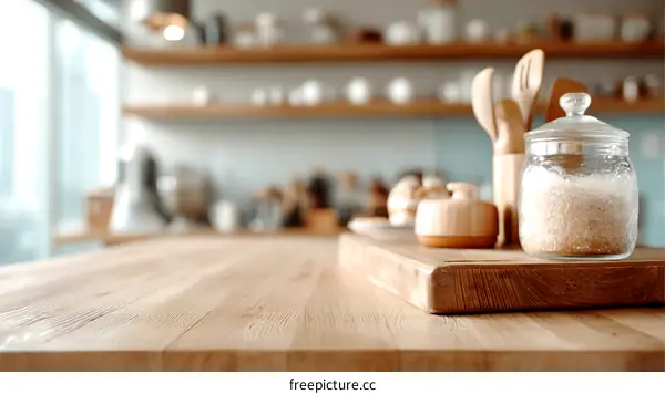 Wooden Kitchen Counter Top with Kitchenware