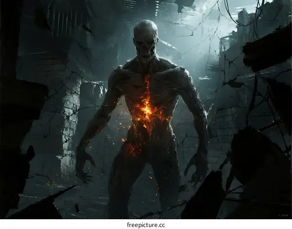 A Grotesque Humanoid Creature with Flaming Chest in a Ruined Urban Setting
