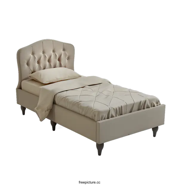 [Transparent Background PNG]Beige Upholstered Bed with Tufted Headboard