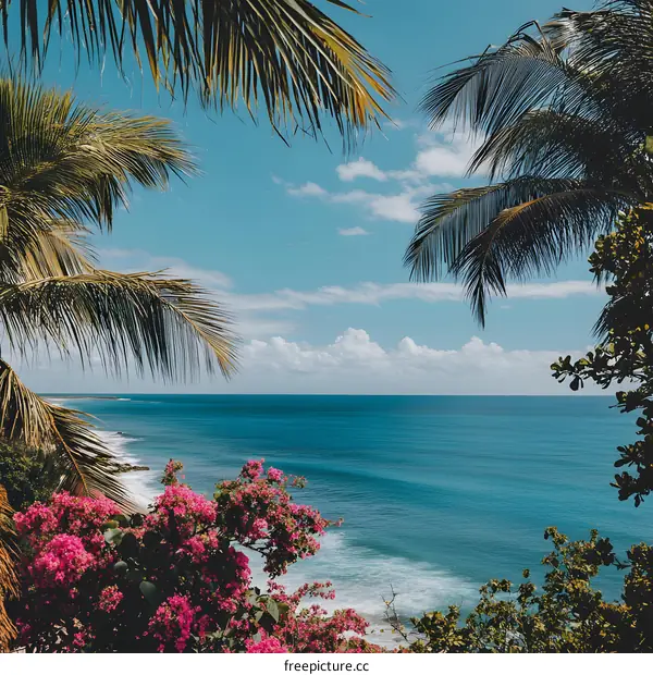 Tropical Beach View Through Palm Trees