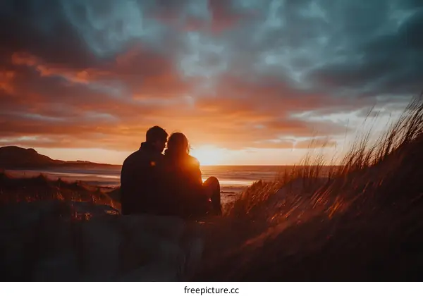 Couple Silhouettes Watching Sunset On Beach