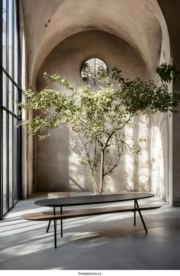 Modern Black Wooden Table in Vintage Interior Design with Plant
