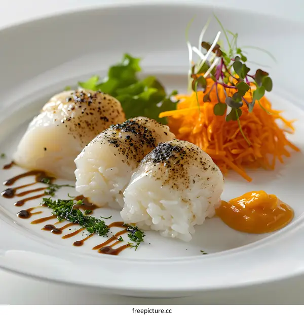 Scallops with rice and vegetables on a plate