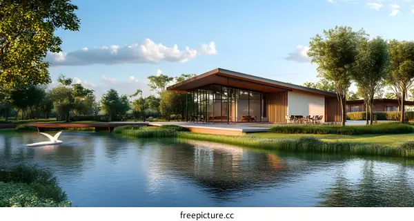 Modern Glass House Design with a Pond and Bridge
