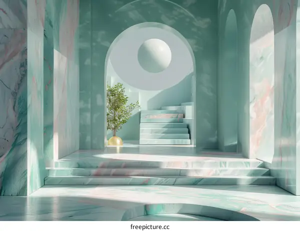 pastel surreal minimal interior marble stairs archway