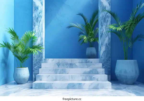 Blue Marble Stairs with Tropical Plants Interior Design