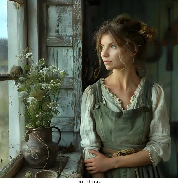 portrait of a young woman in a green dress standing by a window