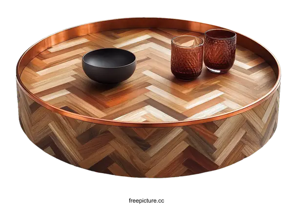 [Transparent Background PNG]Round Wooden Tray with Copper Trim