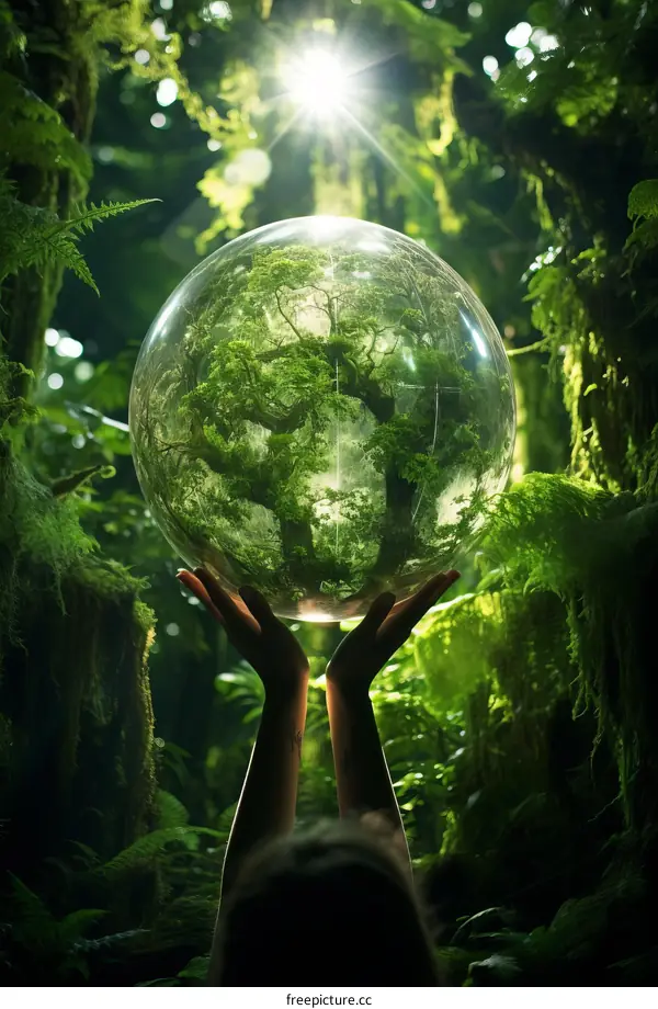 A woman holding a glass ball with a forest inside