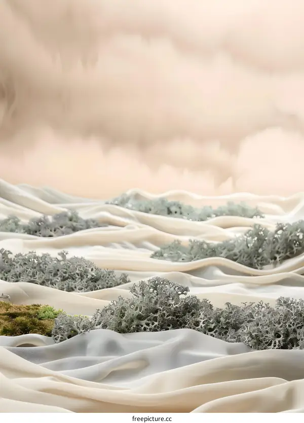 Abstract Landscape with Gray Moss on White Fabric
