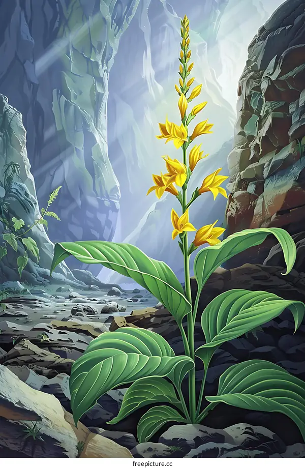 Yellow Flower Growing in Mountain Valley Illustration