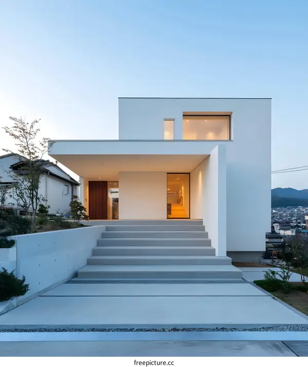 Modern White House with Concrete Steps and Landscaping