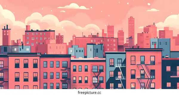 Pink Sunset City Skyline Illustration