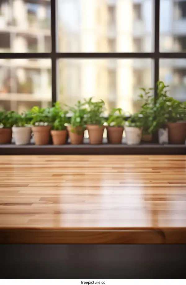 Wooden table with potted plants in the background
