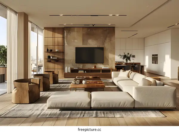 Modern living room interior design with wooden furniture and natural light