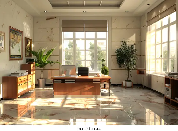 Office interior with large windows and plants
