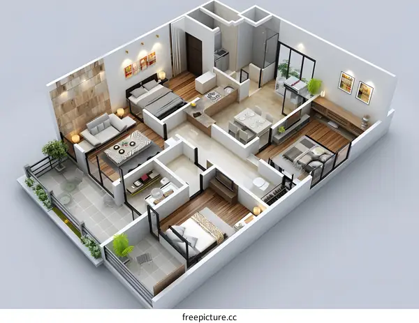 A 3D rendering of a modern house plan with an open floor plan and lots of natural light.