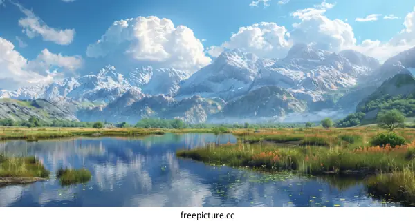 Mountains, lake and clouds