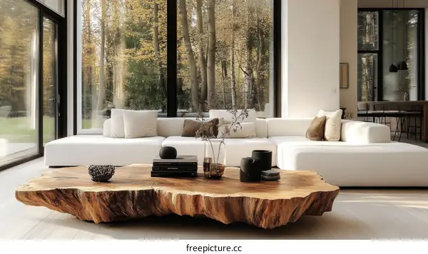 Modern Minimalist Living Room with Large Wooden Coffee Table