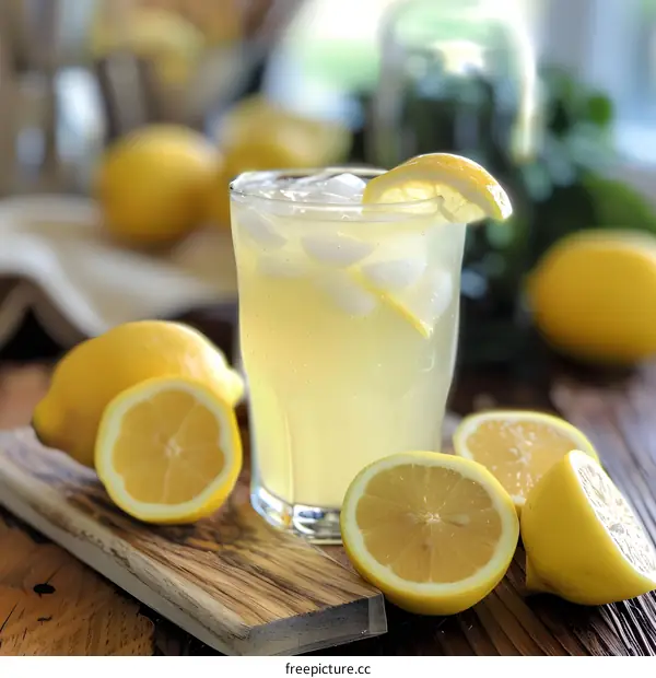 Refreshing Lemonade Drink with Ice Cubes and Lemon Slices on Wooden Cutting Board