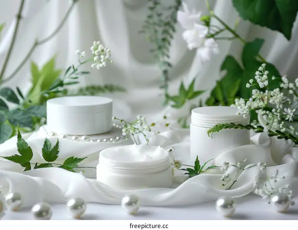 White cosmetic jars with pearls and white flowers