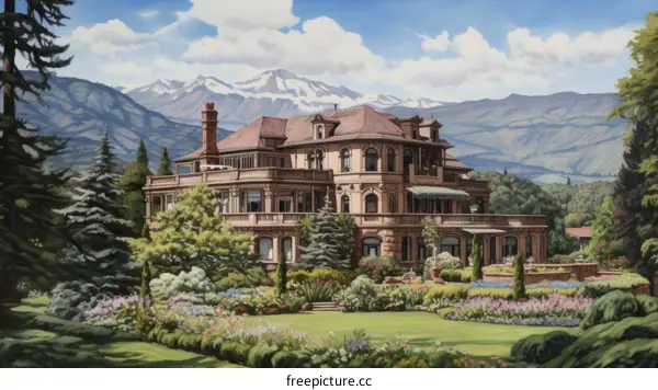 An illustration of a large mansion with a beautiful garden and mountain views