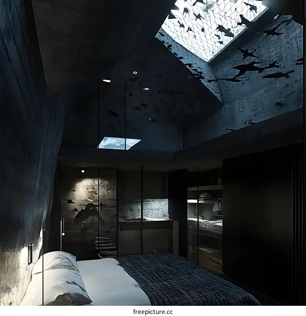 Modern Concrete Bedroom With Skylight and Bird Silhouettes