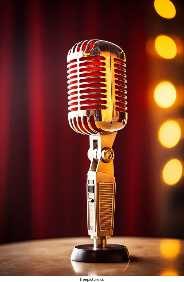 Retro Silver Microphone on Red Stage with Bokeh Lights