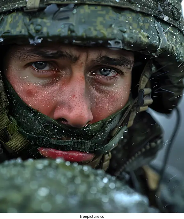 Portrait of a soldier in the rain