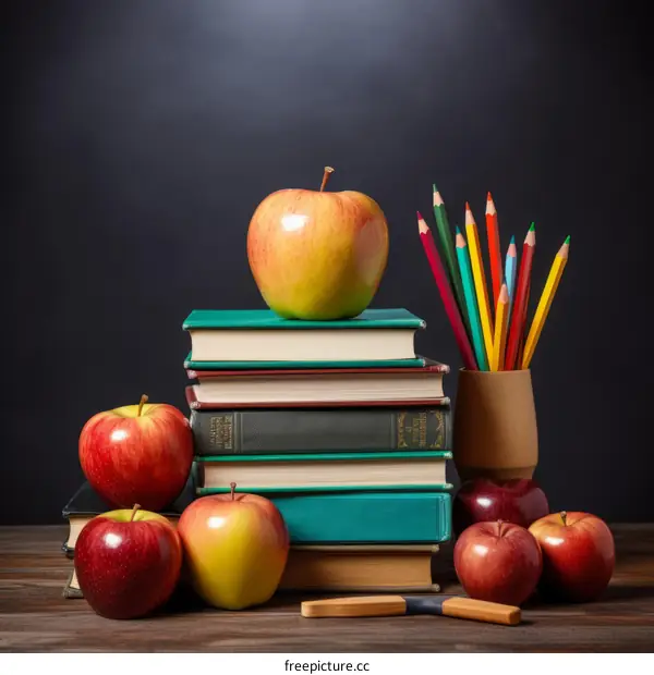 A stack of books with apples and pencils on a wooden table