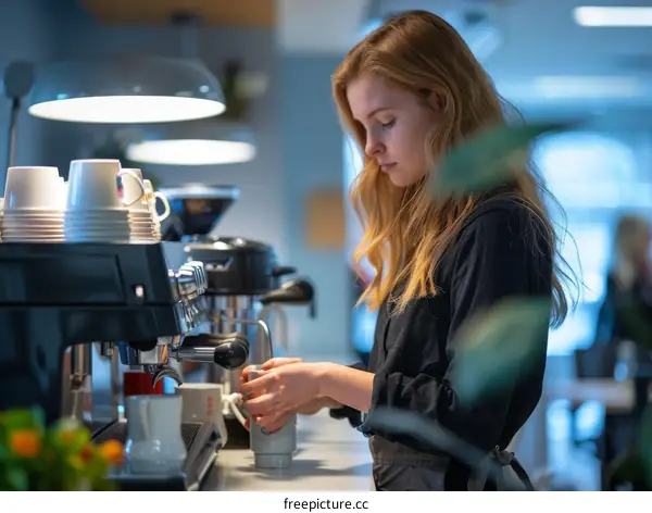 Focused young barista making coffee with concentration