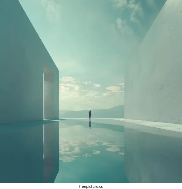 Man walking in a surreal hallway with water reflecting the sky