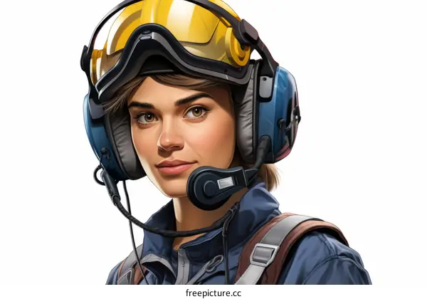 Confident Young Female Pilot Wearing Yellow Helmet and Blue Headphones Portrait