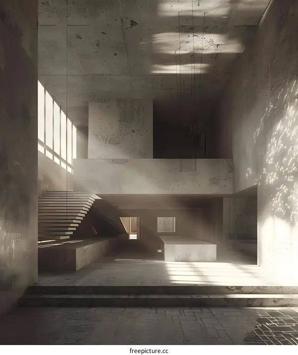 Concrete Building Interior With Staircase And Sunlight
