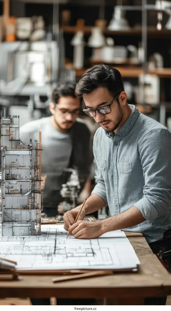 Architects working on blueprints in a design studio