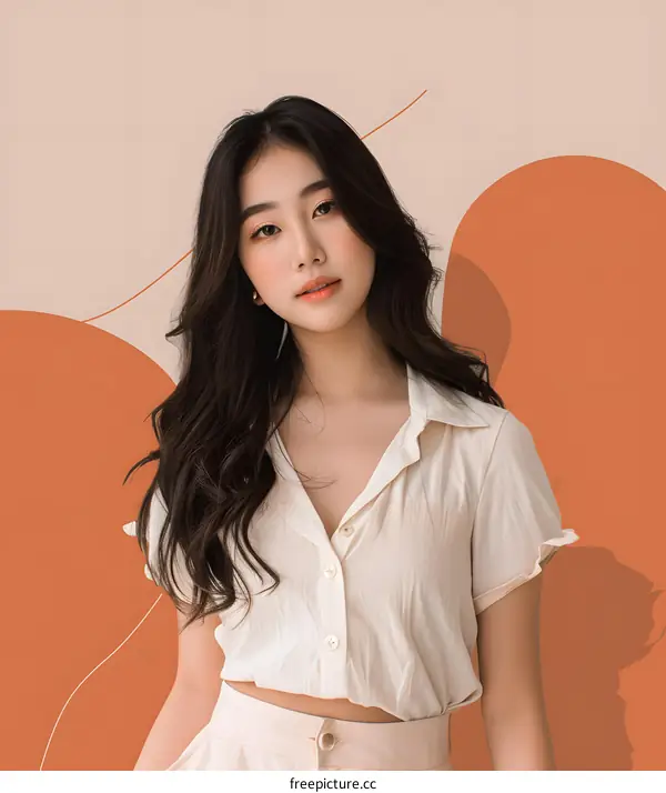 Asian Woman in White Shirt Posing with Orange Background