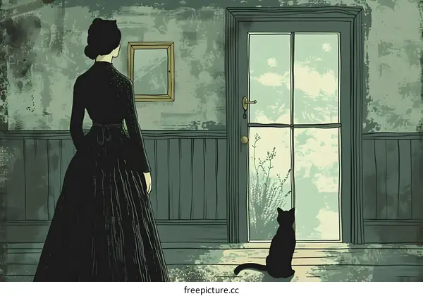 Lady in a green dress looking at a black cat