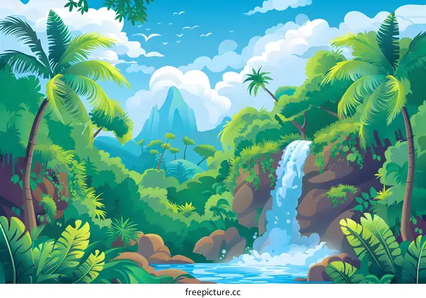 Tropical Rainforest Landscape with Waterfall