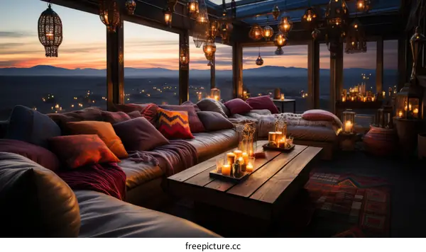 A cozy living room with a view of the desert